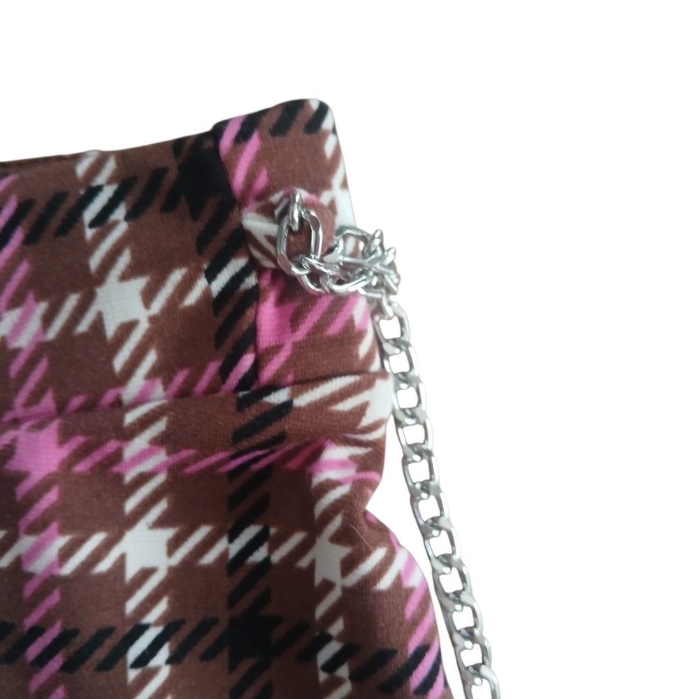 Plaid Circle Skirt with Chain Accent in Pink and Brown Preppy Academia - Picture 6 of 12